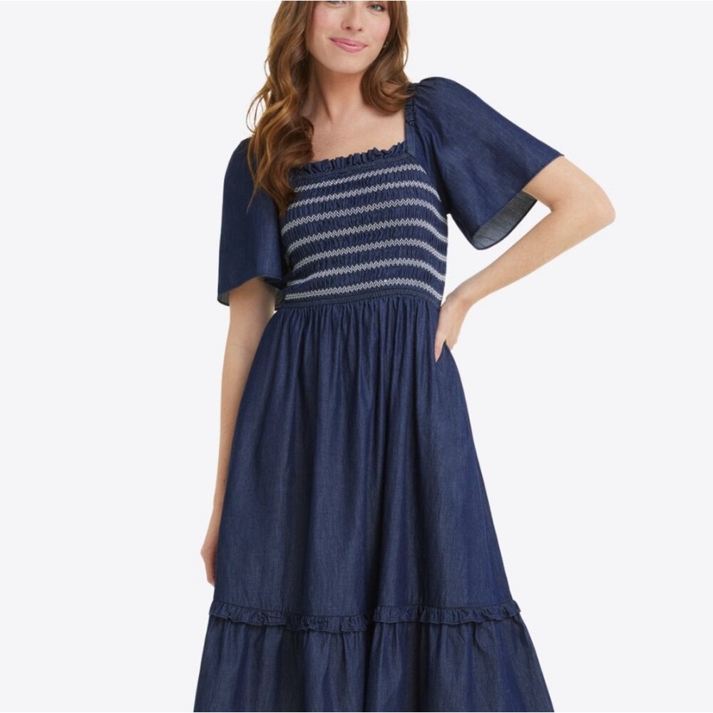 Draper James Blue and White Tiered Midi Sundress